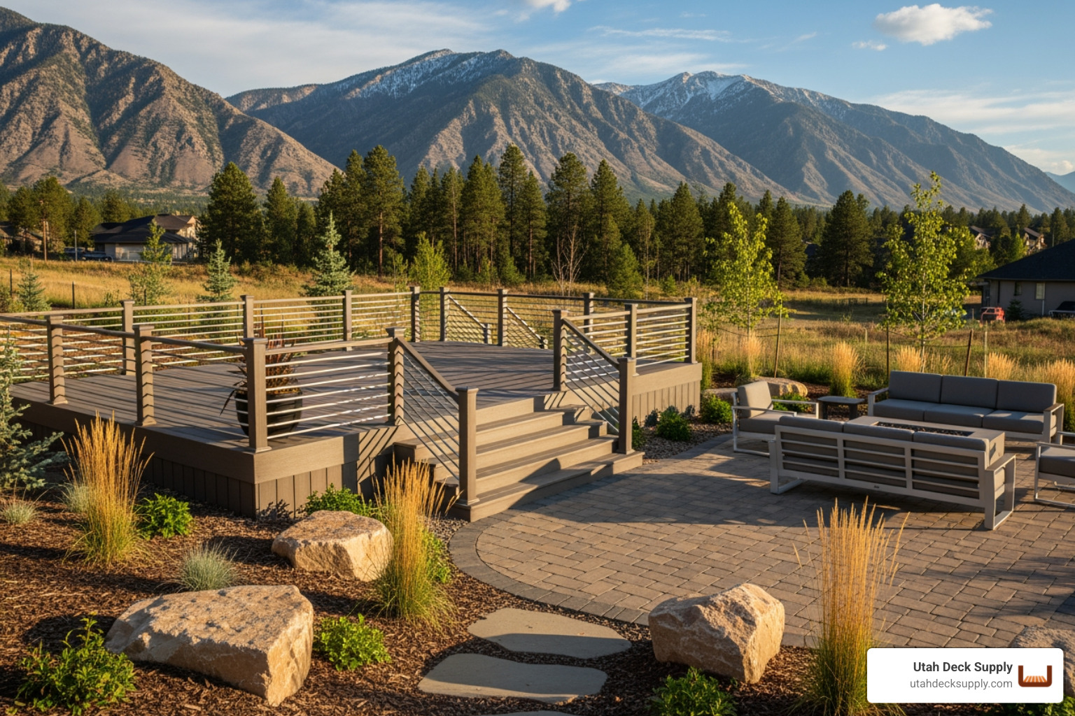 stunning composite deck next to a stylish paver patio - outdoor living supplies