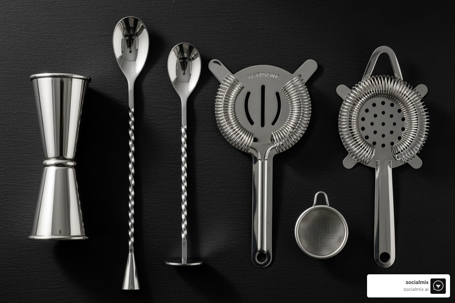 Flat lay of essential Boston bar tools: Jigger, bar spoon, Hawthorne strainer, Julep strainer, and fine mesh strainer on a dark background - Boston bar accessories Flat lay of essential Boston bar tools: Jigger, bar spoon, Hawthorne strainer, Julep strainer, and fine mesh strainer on a dark background - Boston bar accessories