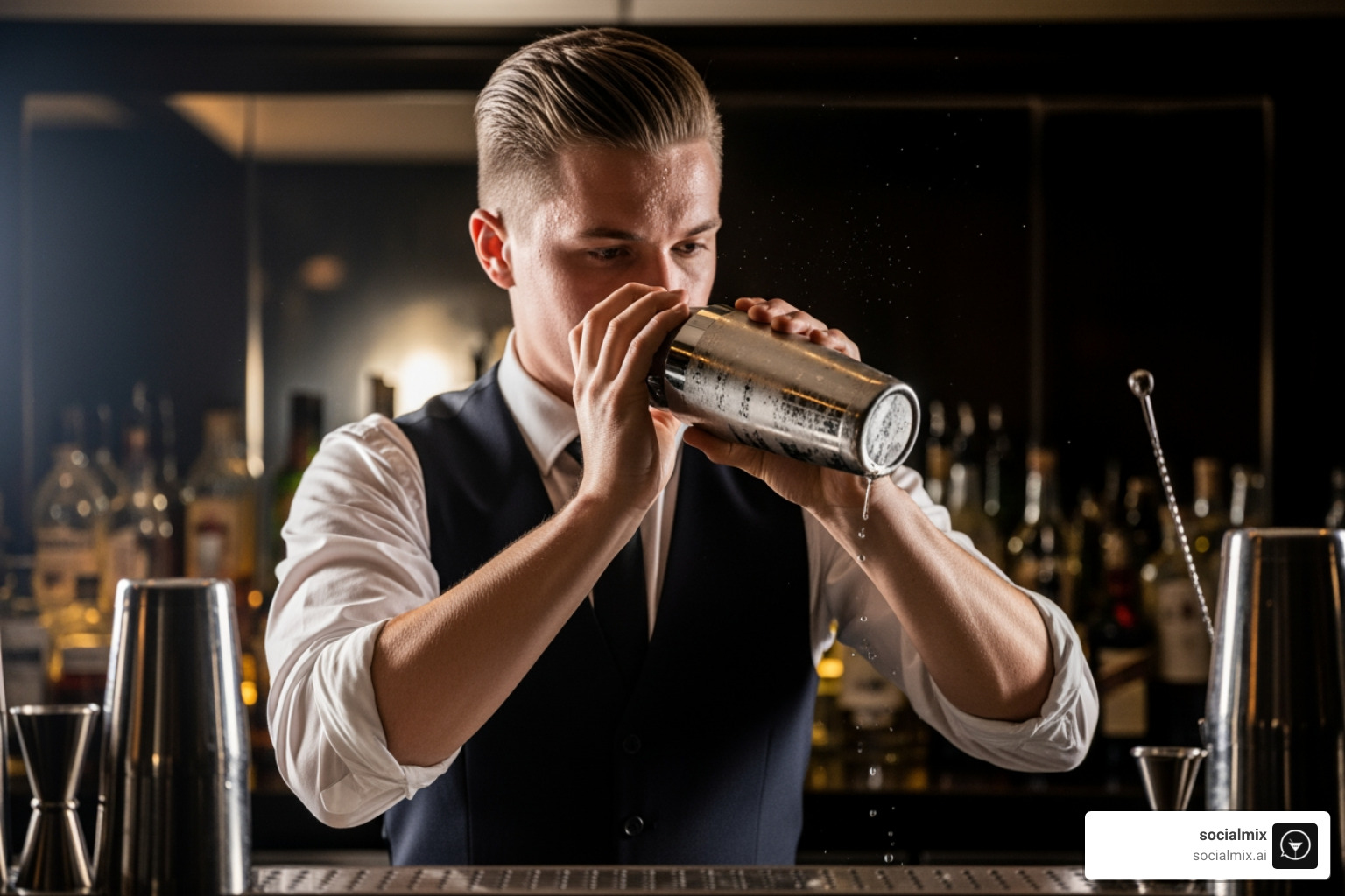 Bartender energetically shaking a Boston shaker - Boston bar accessories Bartender energetically shaking a Boston shaker - Boston bar accessories