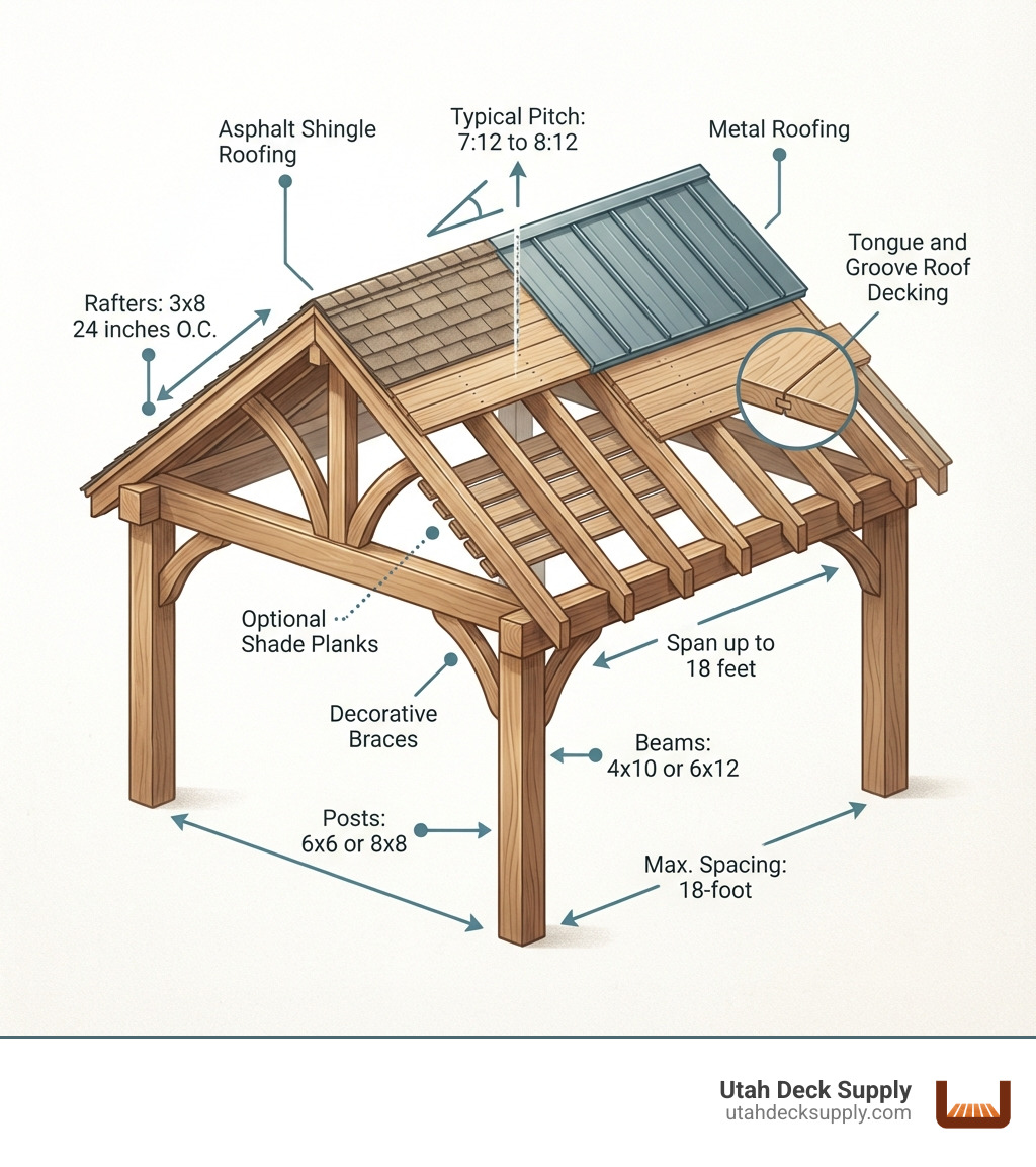 Infographic showing the anatomy of a wood pavilion kit including labeled components: 6x6 or 8x8 posts with maximum 18-foot spacing, 4x10 or 6x12 beams spanning up to 18 feet, 3x8 rafters at 24 inches on center, tongue and groove roof decking, optional shade planks, decorative braces, and choice of asphalt shingle or metal roofing with typical 7:12 to 8:12 roof pitch - outdoor wood pavilion kits infographic Infographic showing the anatomy of a wood pavilion kit including labeled components: 6x6 or 8x8 posts with maximum 18-foot spacing, 4x10 or 6x12 beams spanning up to 18 feet, 3x8 rafters at 24 inches on center, tongue and groove roof decking, optional shade planks, decorative braces, and choice of asphalt shingle or metal roofing with typical 7:12 to 8:12 roof pitch - outdoor wood pavilion kits infographic