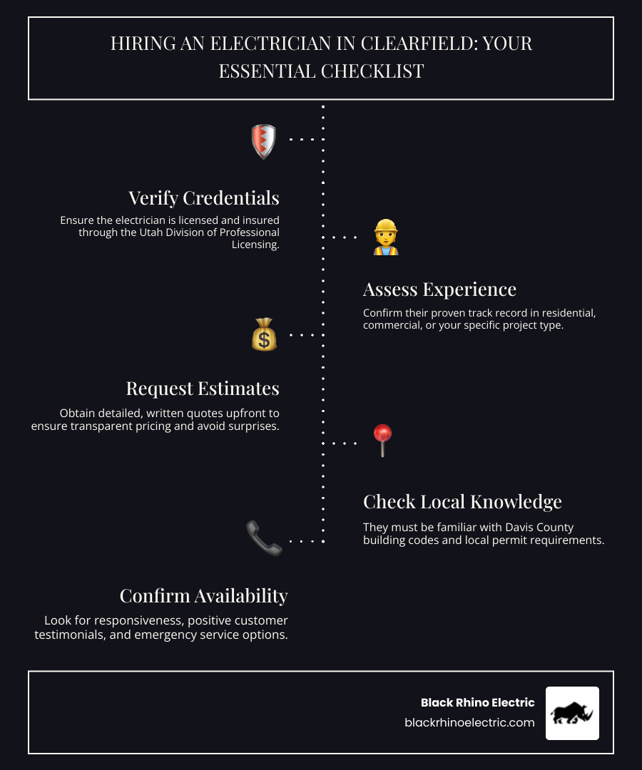 Infographic showing the essential checklist for hiring an electrician in Clearfield Utah: 1. Verify license and insurance through state database, 2. Check experience with your specific project type (residential, commercial, or industrial), 3. Request detailed written estimates, 4. Confirm availability for emergency services, 5. Review customer testimonials and years in business, 6. Ask about warranty on workmanship, 7. Ensure familiarity with local building codes - Electrician Clearfield Utah infographic infographic-line-5-steps-dark