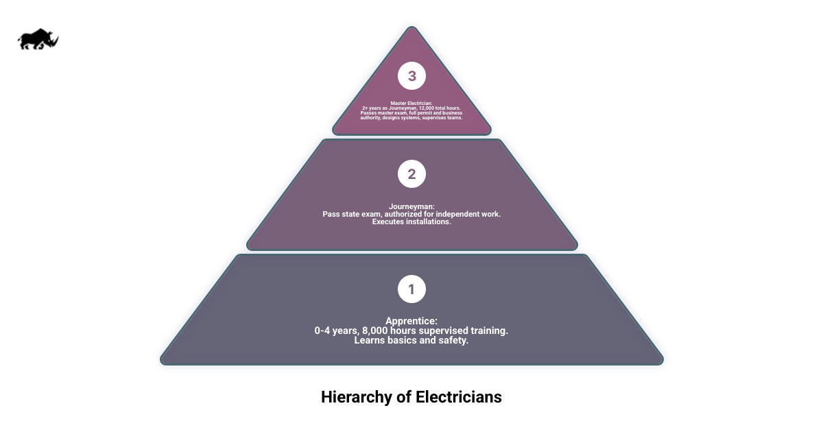Path from Apprentice to Master Electrician showing: Apprentice (0-4 years, 8,000 hours supervised training) → Journeyman (pass state exam, independent work authorized) → Master Electrician (2+ years as journeyman, 12,000 total hours, pass master exam, full permit and business authority) - master electrician infographic 3_stage_pyramid