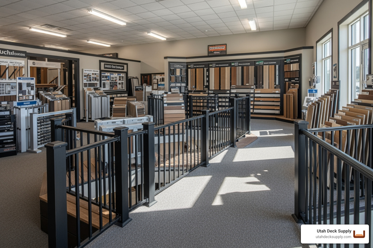The interior of the Utah Deck Supply showroom, brightly lit and showcasing various black aluminum railing systems and infill options, with product samples clearly visible. - black aluminum railing