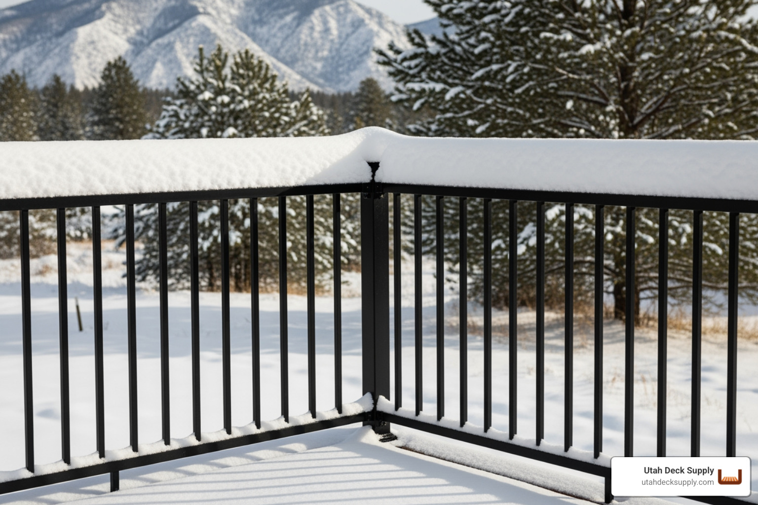 A black aluminum railing on a deck covered in fresh snow, looking pristine and unaffected by the winter weather. - black aluminum railing