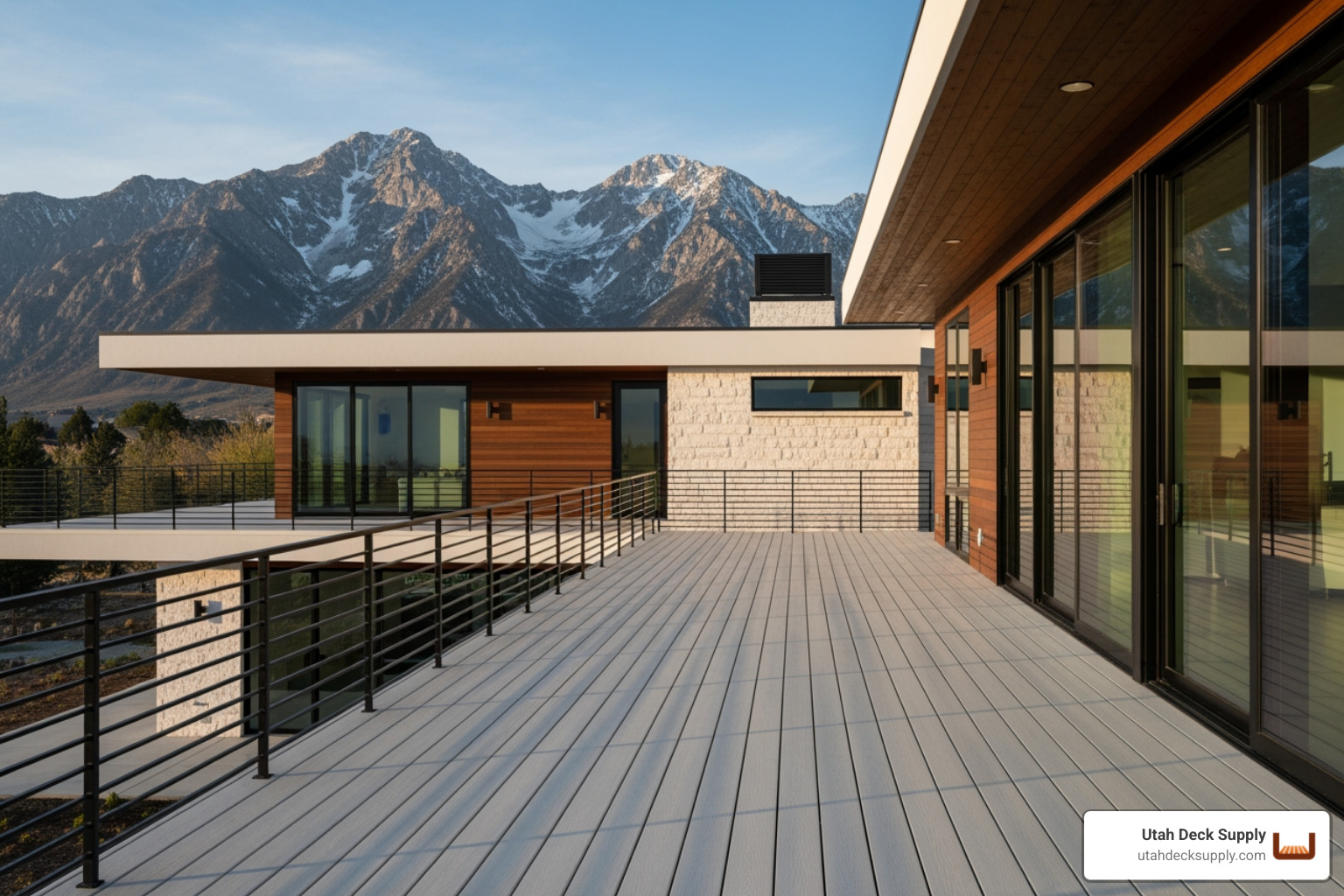 Luxurious PVC deck with clean lines, possibly near a modern home in Utah, highlighting its pristine appearance. - garden decking materials