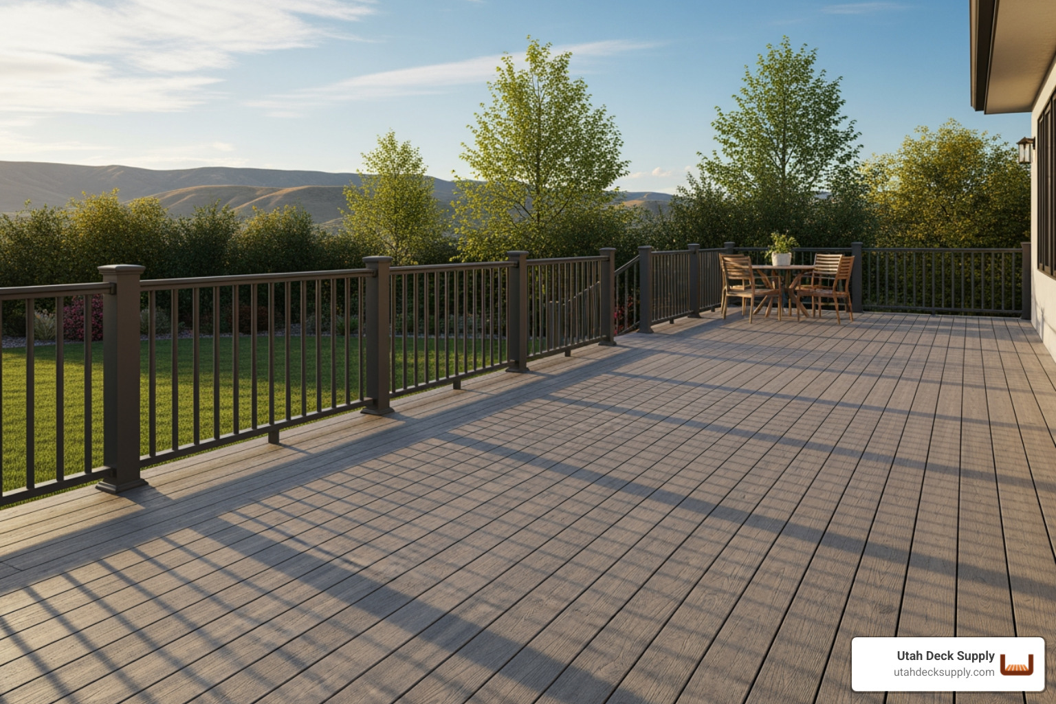 Stylish composite deck in a gray tone with a natural wood grain texture - garden decking materials