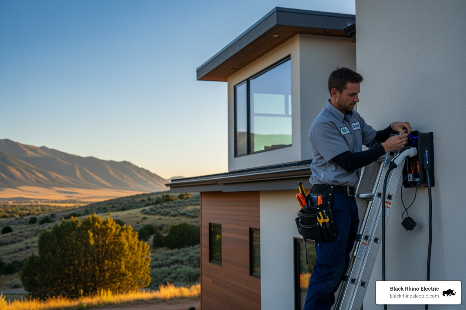 An electrician installing an EV charger on the side of a modern home in Utah - Electrician Roy Utah