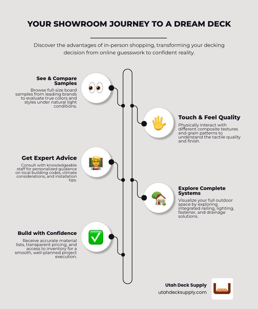 Infographic showing the customer journey through a composite decking showroom: 1) Browse full-size samples of multiple brands (Trex, TimberTech, AZEK, Fiberon) 2) Compare colors under natural Utah lighting conditions 3) Feel textures and grain patterns with your hands 4) Discuss your specific project with expert staff who understand local codes and climate 5) Explore complete systems including railings, lighting, and fasteners 6) Get accurate takeoffs and material lists 7) Access contractor pricing and same-day pickup options 8) Leave with confidence in your material choices - composite decking showroom near me infographic infographic-line-5-steps-elegant_beige
