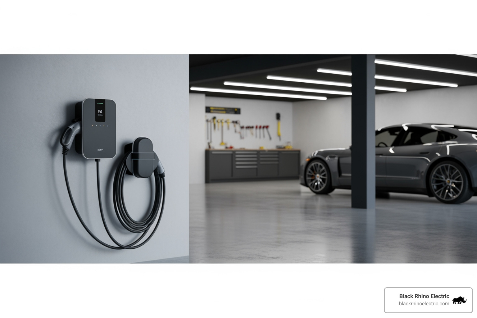 A sleek, wall-mounted EV charger in a garage - Electrical services Ogden A sleek, wall-mounted EV charger in a garage - Electrical services Ogden