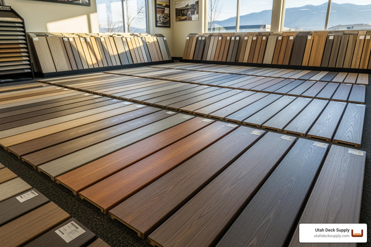 A customer comparing different composite decking colors and textures in a well-lit showroom, with large samples laid out. - composite decking showroom near me