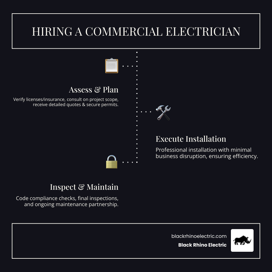 infographic showing the complete process of hiring a commercial electrician including verification of licensing and insurance, project consultation and assessment, detailed quote with timeline and costs, permit acquisition, installation with minimal business disruption, code compliance inspection, and ongoing maintenance partnership - commercial electrician ogden infographic infographic-line-3-steps-dark