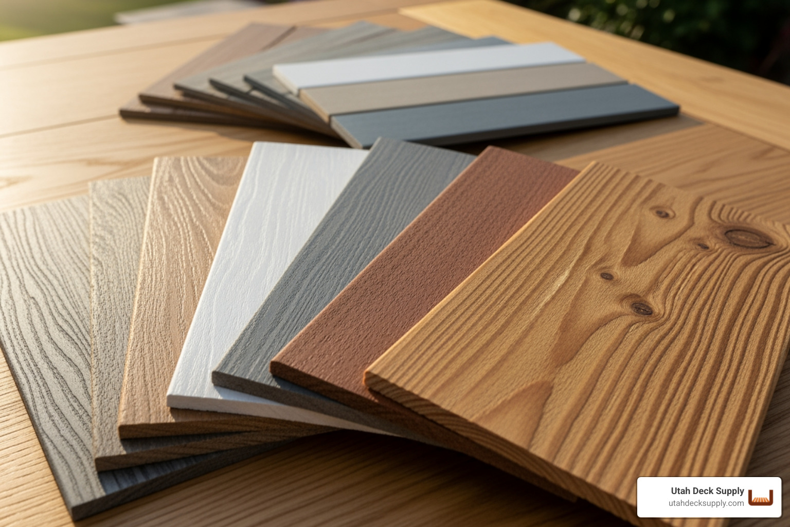 various decking material samples (composite, PVC, wood) fanned out on a table - decking showroom near me various decking material samples (composite, PVC, wood) fanned out on a table - decking showroom near me