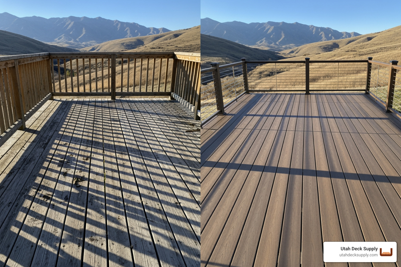 weathered wood deck next to pristine composite deck - composite decks materials suppliers