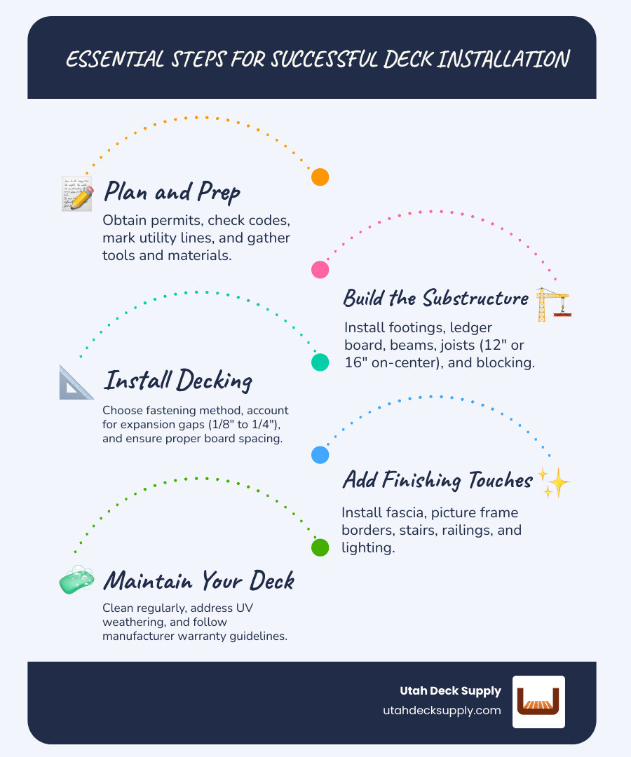 Infographic showing the five stages of deck building: Plan and Prep with permit icons and tool illustrations, Frame the Substructure showing ledger board and joists attached to a house, Install Decking with hidden fastener clips and spacing measurements, Add Finishing Touches featuring stairs and railing posts, and Maintain Your Deck with cleaning supplies and weathering notes, all arranged in a clean vertical flow with icons and brief descriptions for each stage - Deck installation guide infographic infographic-line-5-steps-blues-accent_colors