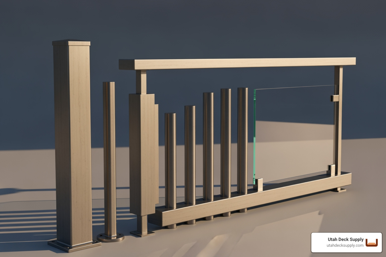 various metal railing components—a post, top rail, bottom rail, and different infill options like round balusters and a glass panel—laid out on a clean background - metal deck railing