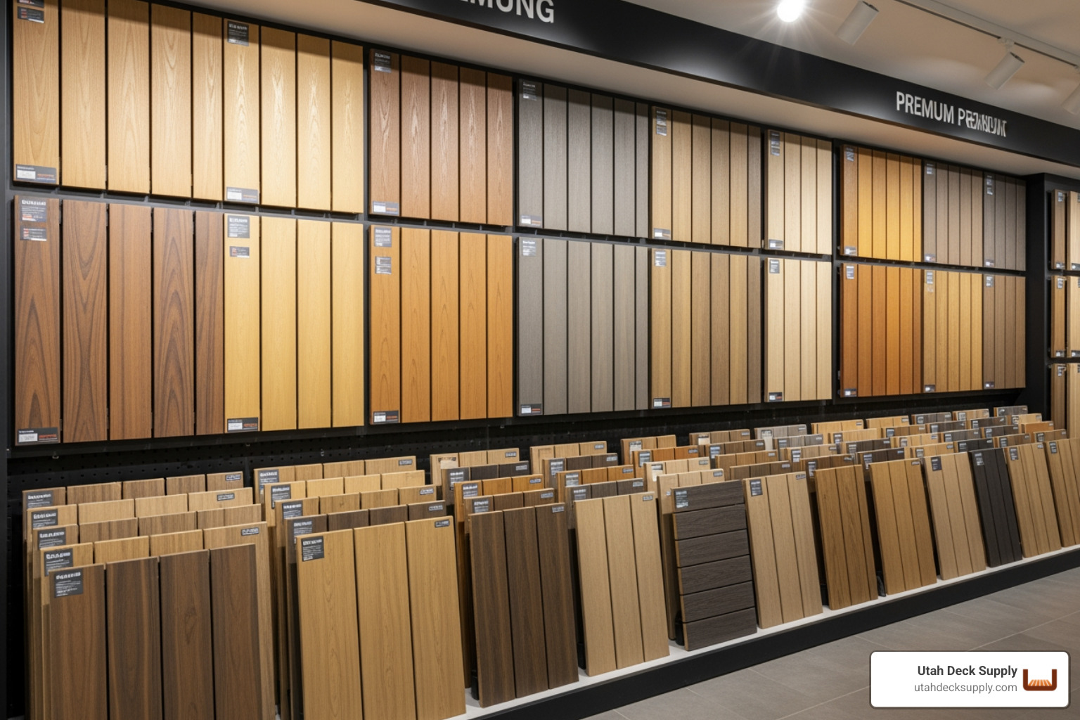 Large samples of premium composite decking boards from various brands displayed on a showroom wall, with different colors and finishes. - composite decking showroom near me