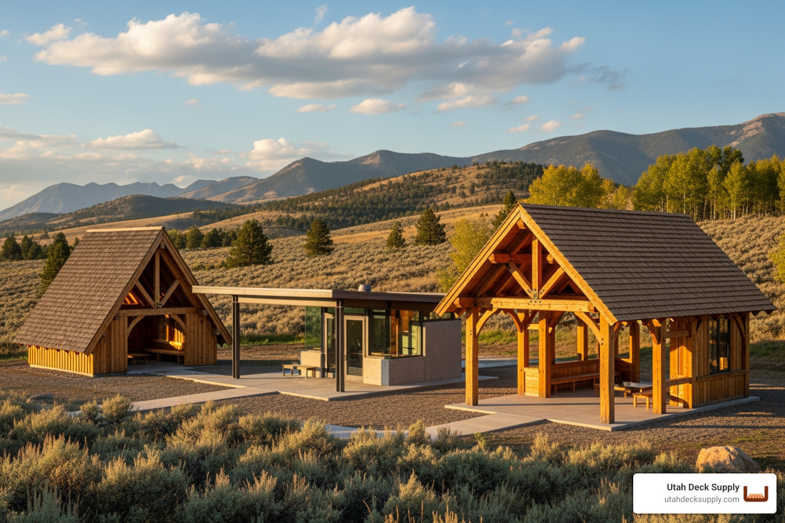 three different pavilion styles: a traditional A-frame, a modern flat-roof, and a grand timber-frame design - wood pavilion kits for sale