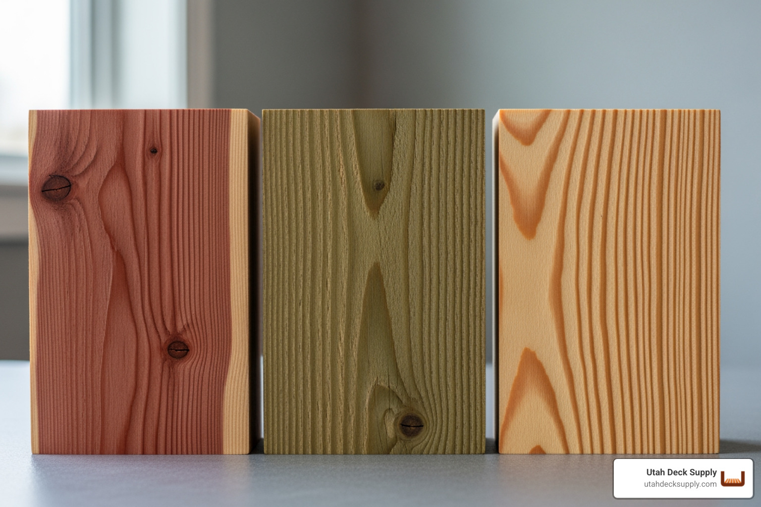 side-by-side wood samples showing the color and grain of Cedar, Pressure-Treated Pine, and Douglas-Fir - wood pavilion kits for sale