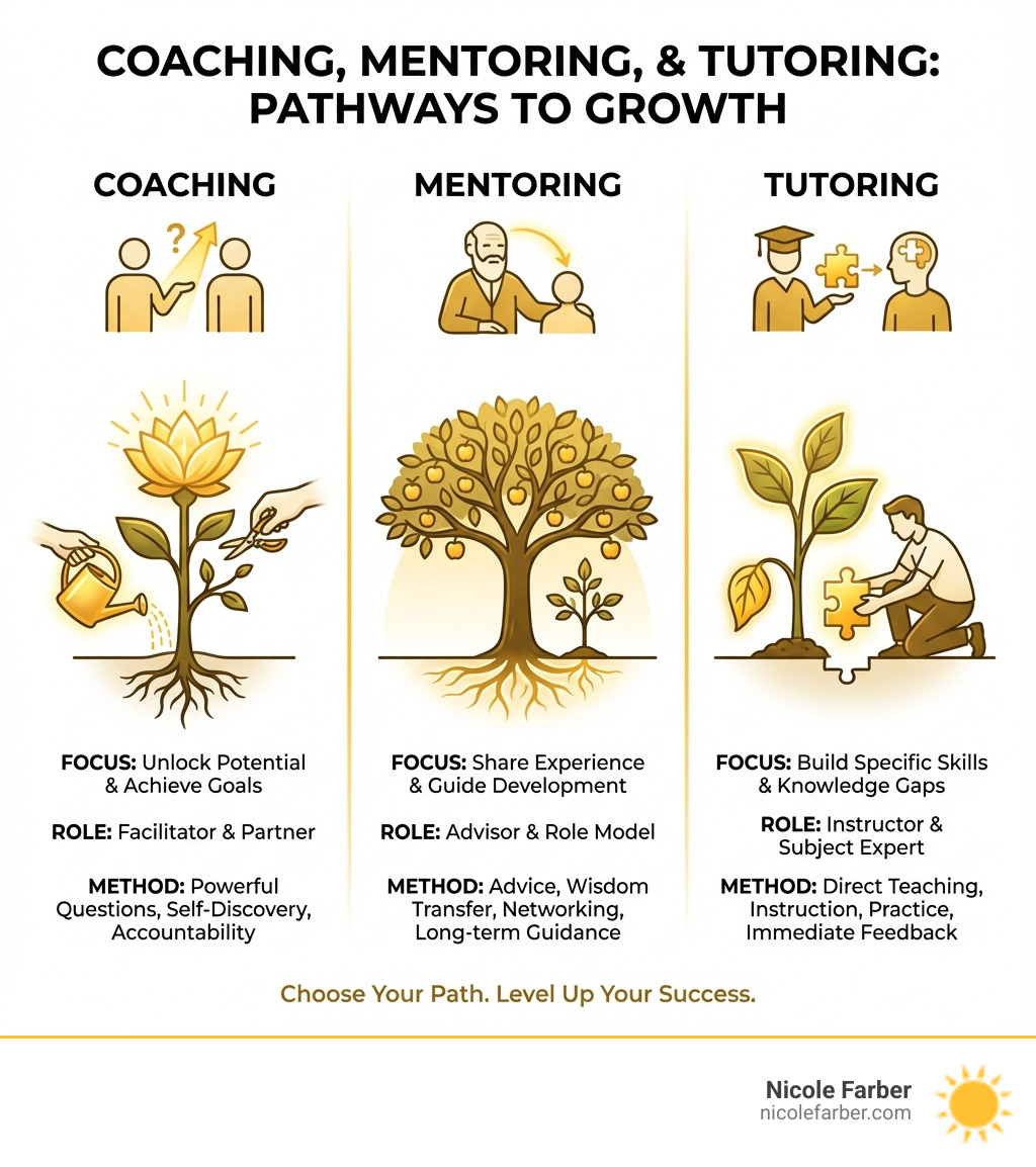 infographic showing the differences between coaching, mentoring, and tutoring - coaching class infographic 