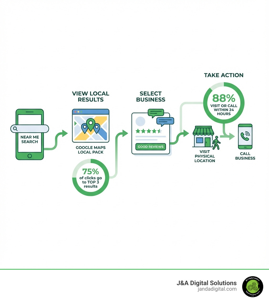 infographic showing the customer journey from a near me search on mobile phone, to viewing local pack results on Google Maps, to selecting a business with good reviews, to visiting the physical location or calling the business, with statistics showing 88% visit or call within 24 hours and 75% of clicks go to top 3 results - rank near me infographic infographic showing the customer journey from a near me search on mobile phone, to viewing local pack results on Google Maps, to selecting a business with good reviews, to visiting the physical location or calling the business, with statistics showing 88% visit or call within 24 hours and 75% of clicks go to top 3 results - rank near me infographic