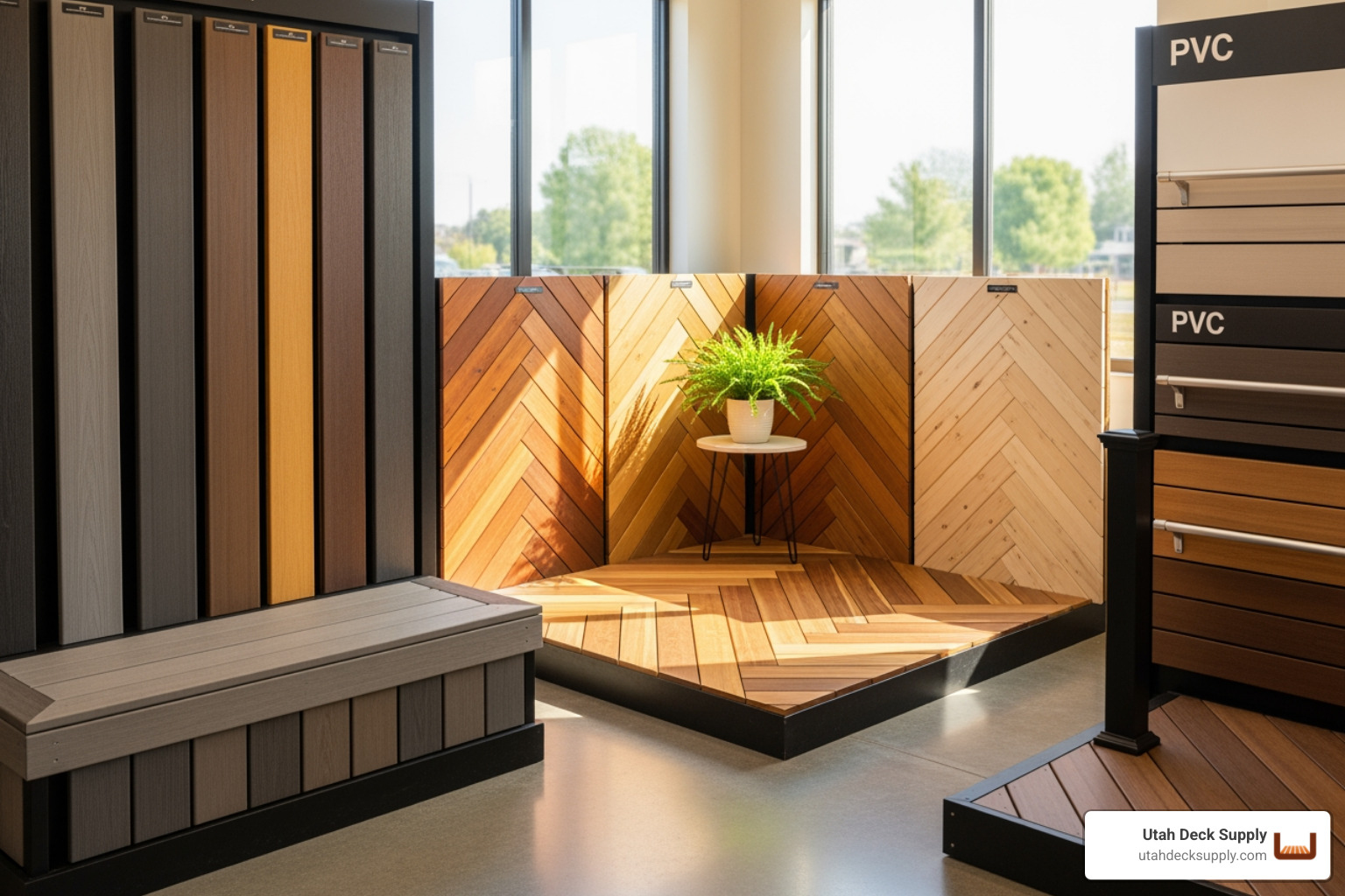 friendly staff member helping a customer with deck plans in a showroom - decking showroom near me friendly staff member helping a customer with deck plans in a showroom - decking showroom near me