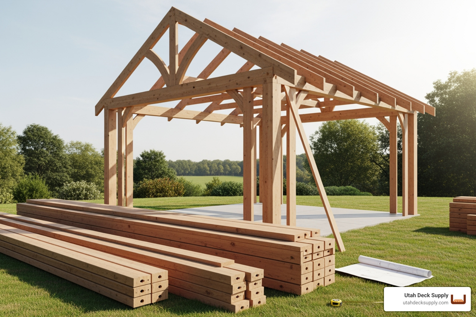 a couple happily working together to assemble a wood pavilion kit frame - wood pavilion kits for sale