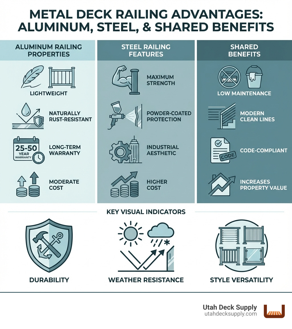 Detailed comparison infographic showing metal deck railing advantages: left column displays aluminum railing properties (lightweight, naturally rust-resistant, 25-50 year warranty, moderate cost), middle column shows steel railing features (maximum strength, powder-coated protection, industrial aesthetic, higher cost), right column highlights shared benefits (low maintenance, modern clean lines, code-compliant, increases property value), with visual icons for durability, weather resistance, and style versatility - metal deck railing infographic 