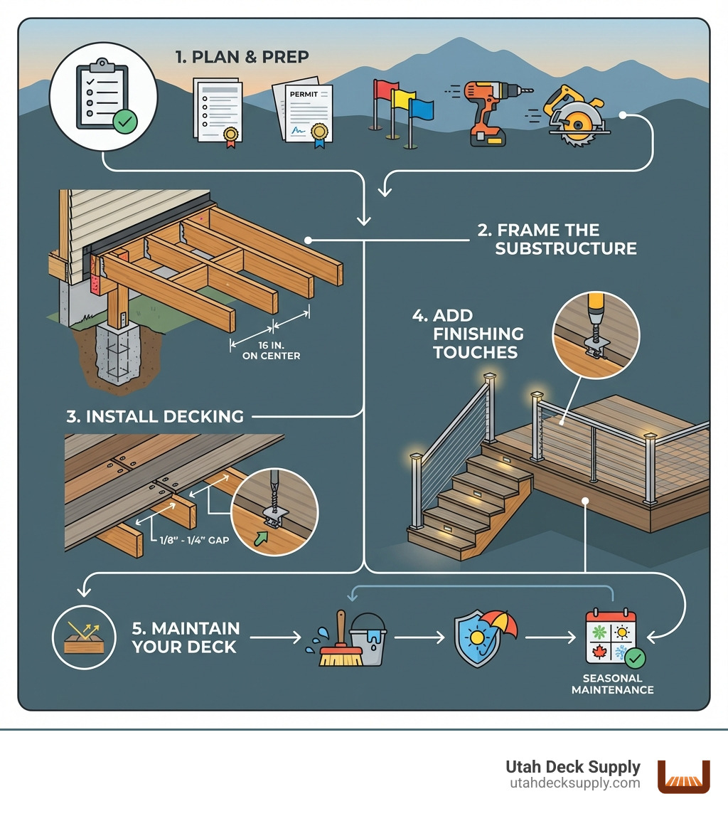 Detailed infographic illustrating the complete deck installation process with five main sections: 1. Plan and Prep showing a checklist with permit forms, utility locate flags, and tool icons including drill and saw; 2. Frame the Substructure with a cutaway view of concrete footings, ledger board with flashing tape attached to house siding, parallel joists spaced 16 inches on center, and blocking between joists; 3. Install Decking displaying composite boards with hidden fastener clips in grooves, expansion gap measurements of one-eighth to one-quarter inch marked with arrows, and a close-up of proper fastener installation; 4. Add Finishing Touches featuring a staircase with treads, a modern cable railing system with posts, fascia board covering the deck edge, and small LED lights; 5. Maintain Your Deck with icons of a cleaning brush, bucket, UV protection symbol, and a calendar marking seasonal maintenance, all connected by a flowing timeline with northern Utah mountain silhouettes in the background - Deck installation guide infographic 