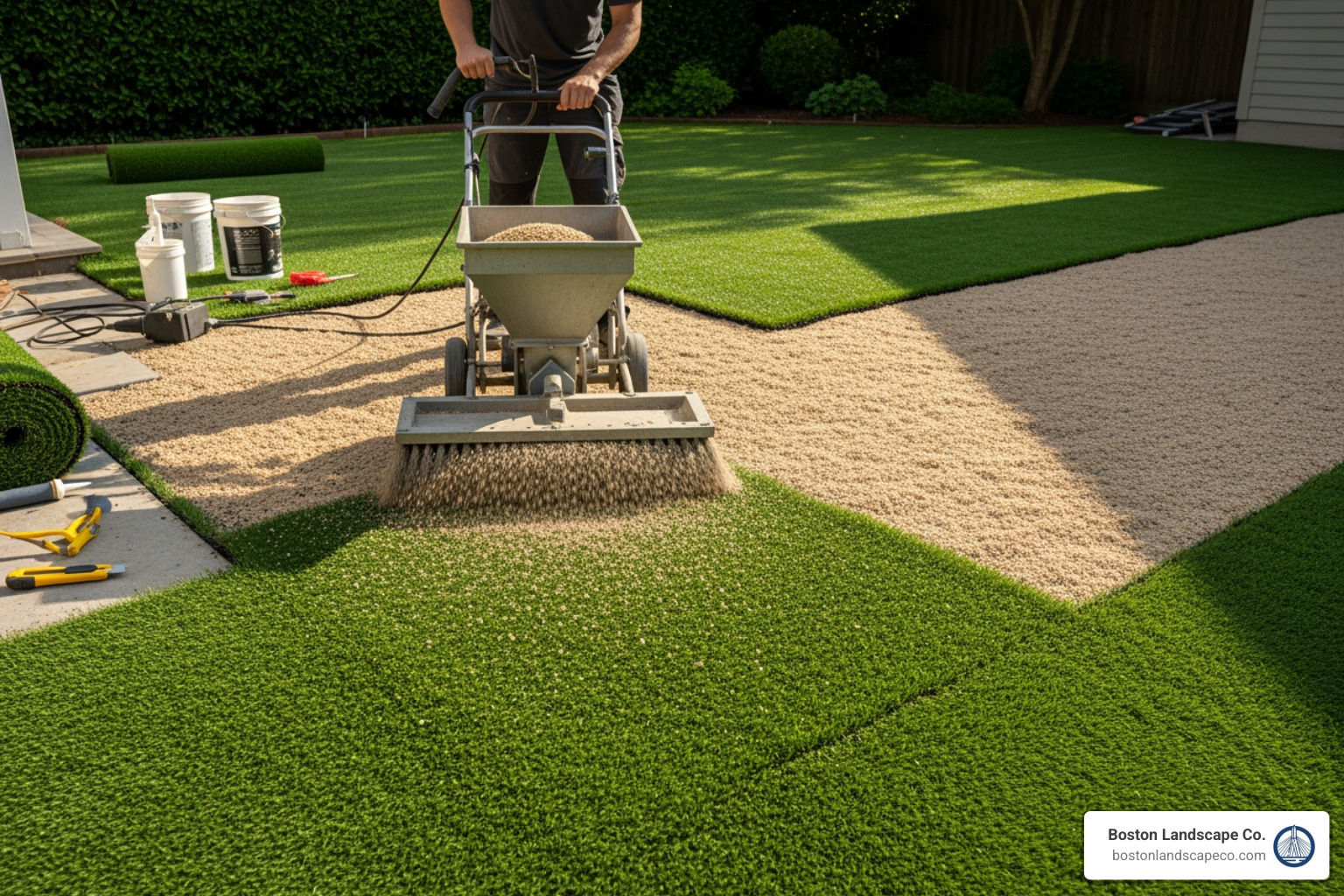 Artificial turf installation with infill being applied - Turf Lawn Installer Artificial turf installation with infill being applied - Turf Lawn Installer