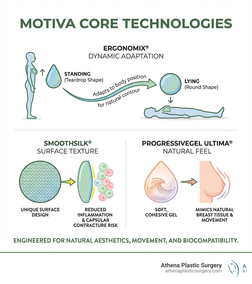 infographic showing Motiva core technologies: Ergonomix dynamic shape adaptation showing teardrop when standing and round when lying, SmoothSilk surface texture for reduced inflammation, and ProgressiveGel Ultima for natural feel and movement - motiva implants for natural look infographic 