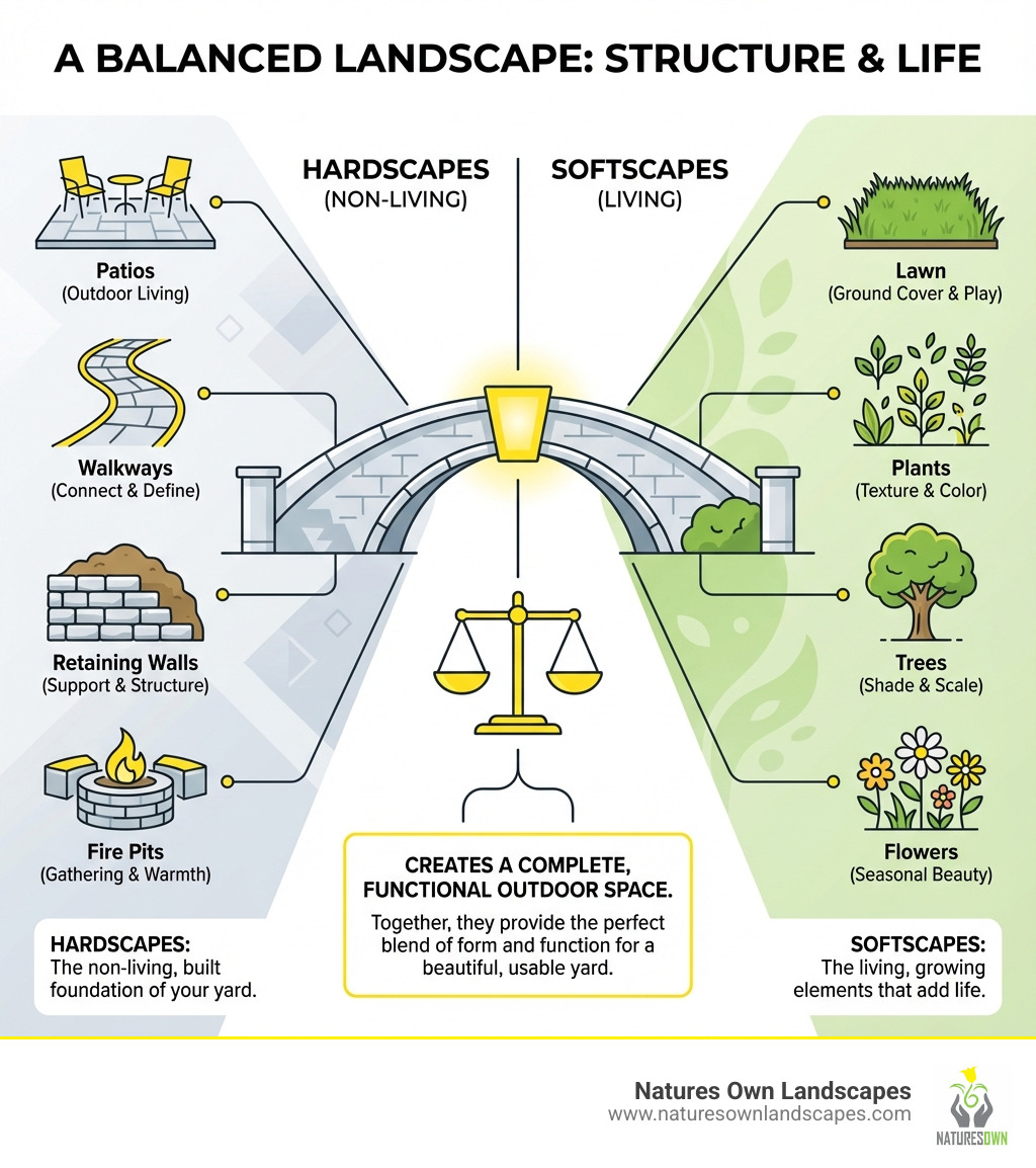 infographic showing hardscape elements including patios walkways retaining walls and fire pits on one side and softscape elements including lawn plants trees and flowers on the other side with labels explaining each creates a balanced landscape - what are hardscapes in landscaping infographic 