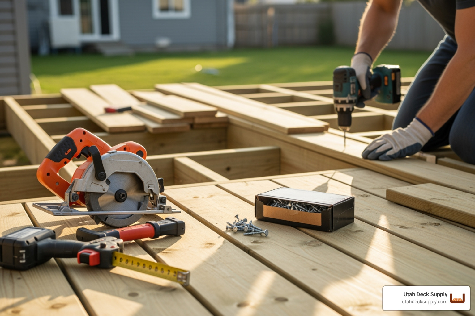 person installing composite deck board with hidden fasteners - Deck installation guide