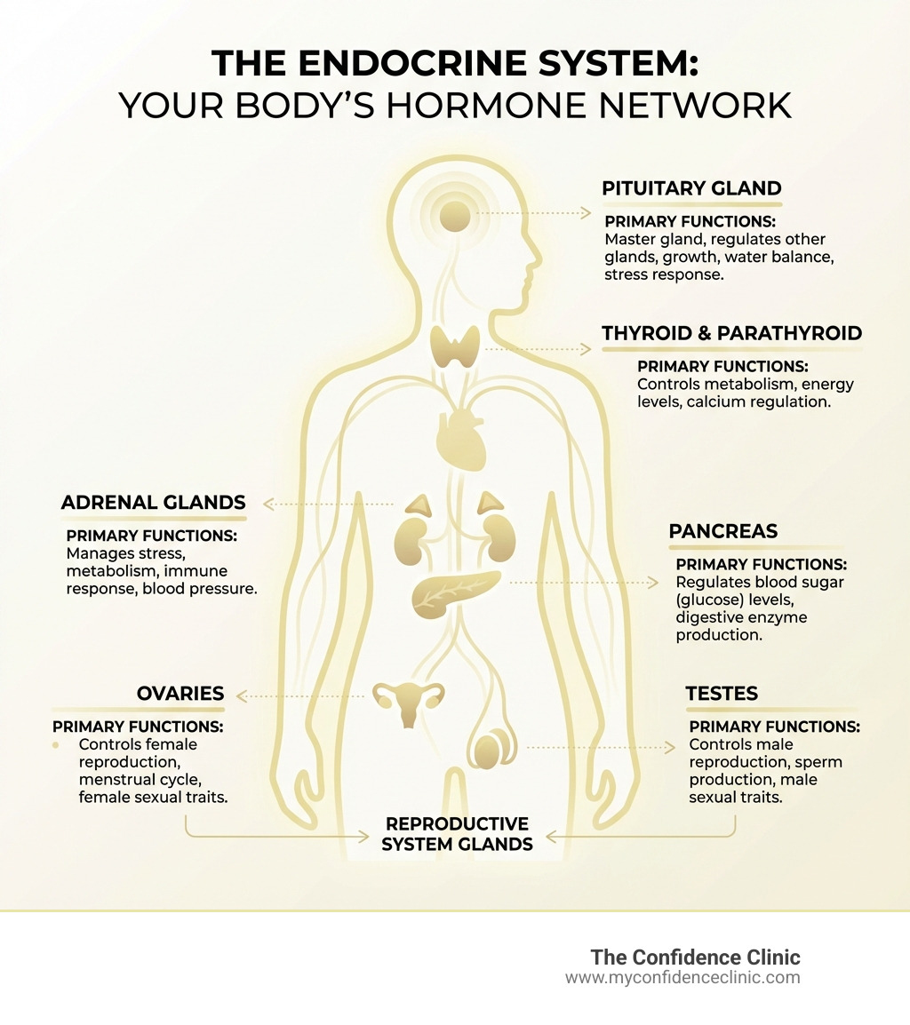 Infographic showing the main endocrine glands including the pituitary gland in the brain, thyroid and parathyroid in the neck, adrenal glands above the kidneys, pancreas in the abdomen, and ovaries or testes in the reproductive system, with labels describing each gland's primary hormone functions - endocrinologist infographic Infographic showing the main endocrine glands including the pituitary gland in the brain, thyroid and parathyroid in the neck, adrenal glands above the kidneys, pancreas in the abdomen, and ovaries or testes in the reproductive system, with labels describing each gland's primary hormone functions - endocrinologist infographic