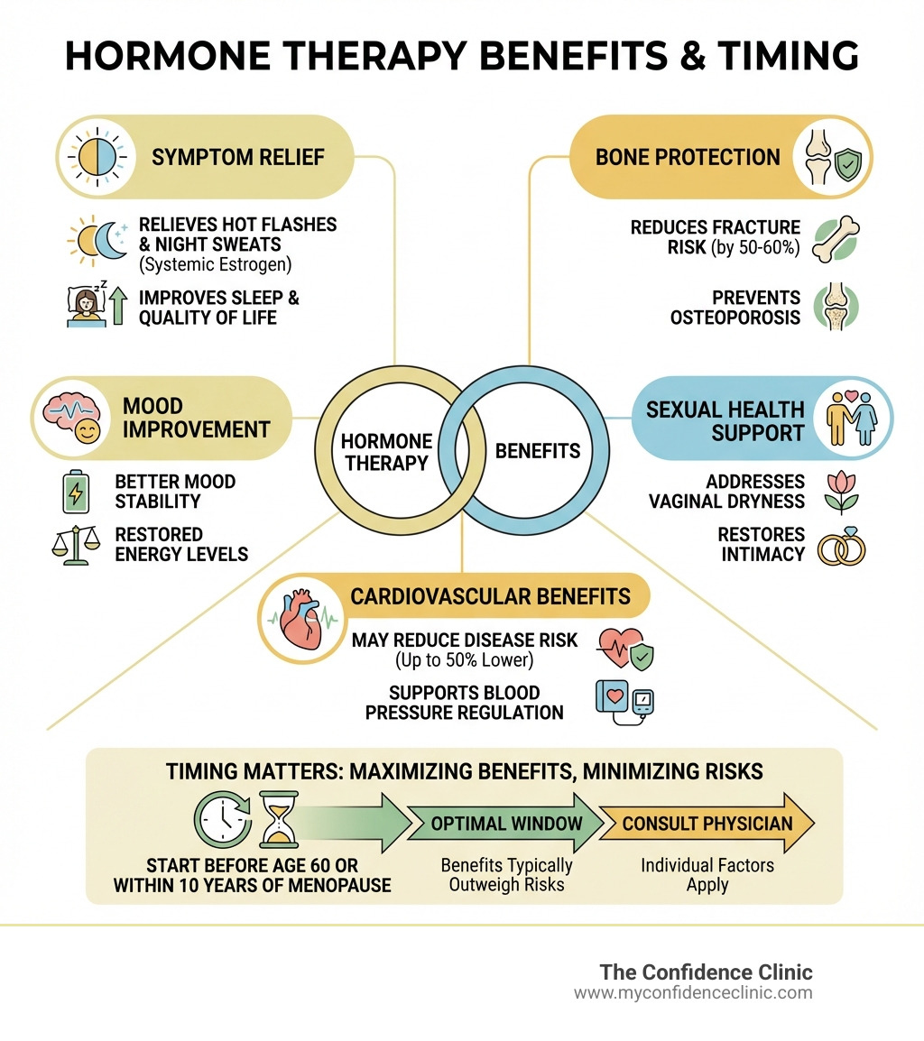 infographic showing hormone therapy benefits including symptom relief hot flashes night sweats bone protection mood improvement sexual health support and cardiovascular benefits with timing recommendations - Hormone therapy benefits infographic infographic showing hormone therapy benefits including symptom relief hot flashes night sweats bone protection mood improvement sexual health support and cardiovascular benefits with timing recommendations - Hormone therapy benefits infographic