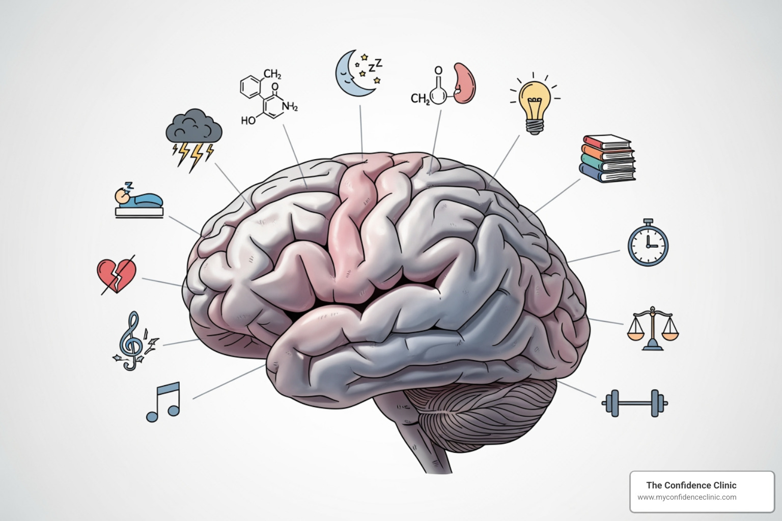 Brain illustration with various icons representing causes like stress, poor sleep, and hormones - Brain fog solutions Brain illustration with various icons representing causes like stress, poor sleep, and hormones - Brain fog solutions