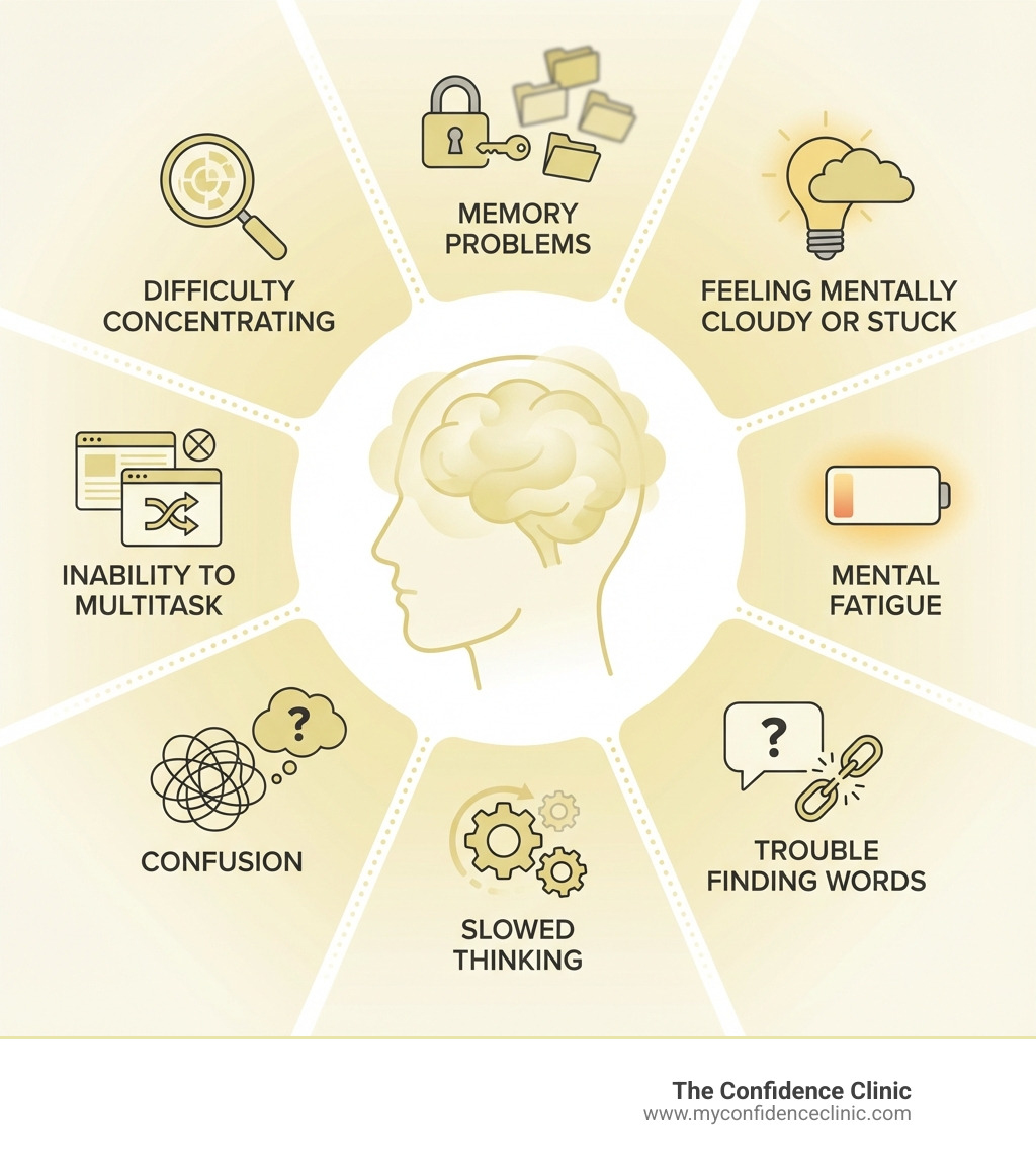 Infographic showing the common symptoms of brain fog including difficulty concentrating, memory problems, mental fatigue, trouble finding words, slowed thinking, confusion, inability to multitask, and feeling mentally cloudy or stuck - Brain fog solutions infographic Infographic showing the common symptoms of brain fog including difficulty concentrating, memory problems, mental fatigue, trouble finding words, slowed thinking, confusion, inability to multitask, and feeling mentally cloudy or stuck - Brain fog solutions infographic