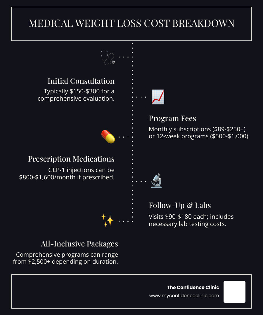 Infographic showing breakdown of medical weight loss costs: initial consultation $150-300, monthly program fees $89-250+, medications $800-1600/month if prescribed, follow-up visits $90-180, lab testing costs, and factors affecting total investment including program duration, medication needs, insurance coverage, and level of personalization - how much does medical weight loss clinic cost infographic infographic-line-5-steps-dark Infographic showing breakdown of medical weight loss costs: initial consultation $150-300, monthly program fees $89-250+, medications $800-1600/month if prescribed, follow-up visits $90-180, lab testing costs, and factors affecting total investment including program duration, medication needs, insurance coverage, and level of personalization - how much does medical weight loss clinic cost infographic infographic-line-5-steps-dark