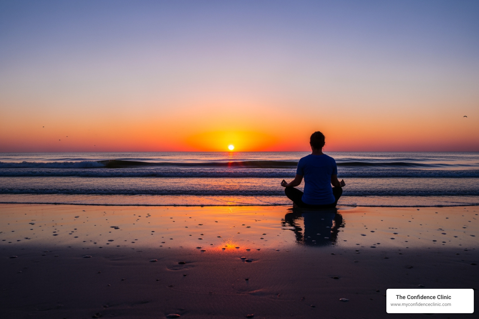 person meditating peacefully on Clearwater Beach at sunrise - holistic medicine clearwater fl person meditating peacefully on Clearwater Beach at sunrise - holistic medicine clearwater fl