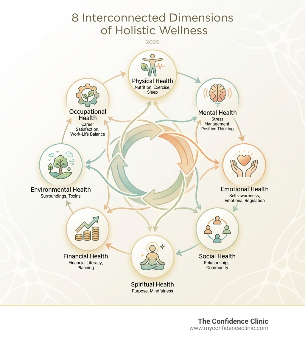 Infographic showing the 8 interconnected dimensions of holistic wellness: Physical health (nutrition, exercise, sleep), Mental health (stress management, positive thinking), Emotional health (self-awareness, emotional regulation), Social health (relationships, community), Spiritual health (purpose, mindfulness), Occupational health (career satisfaction, work-life balance), Financial health (financial literacy, planning), and Environmental health (surroundings, toxins). Arrows connect all dimensions showing how they influence each other in a continuous cycle. - holistic wellness approach infographic Infographic showing the 8 interconnected dimensions of holistic wellness: Physical health (nutrition, exercise, sleep), Mental health (stress management, positive thinking), Emotional health (self-awareness, emotional regulation), Social health (relationships, community), Spiritual health (purpose, mindfulness), Occupational health (career satisfaction, work-life balance), Financial health (financial literacy, planning), and Environmental health (surroundings, toxins). Arrows connect all dimensions showing how they influence each other in a continuous cycle. - holistic wellness approach infographic