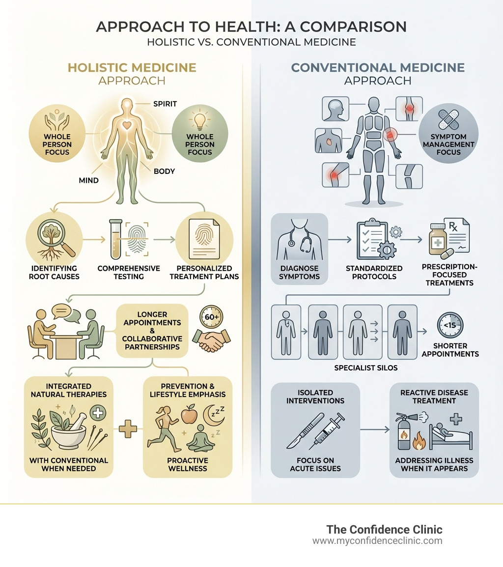 Infographic comparing holistic medicine approach versus conventional medicine: Holistic focuses on treating the whole person (mind, body, spirit), identifying root causes through comprehensive testing, personalized treatment plans, longer appointments with collaborative partnerships, natural therapies integrated with conventional medicine when needed, and emphasis on prevention and lifestyle; Conventional focuses on symptom management, standardized protocols, shorter appointments, prescription-focused treatments, specialist silos, and reactive disease treatment - holistic medicine clearwater fl infographic Infographic comparing holistic medicine approach versus conventional medicine: Holistic focuses on treating the whole person (mind, body, spirit), identifying root causes through comprehensive testing, personalized treatment plans, longer appointments with collaborative partnerships, natural therapies integrated with conventional medicine when needed, and emphasis on prevention and lifestyle; Conventional focuses on symptom management, standardized protocols, shorter appointments, prescription-focused treatments, specialist silos, and reactive disease treatment - holistic medicine clearwater fl infographic