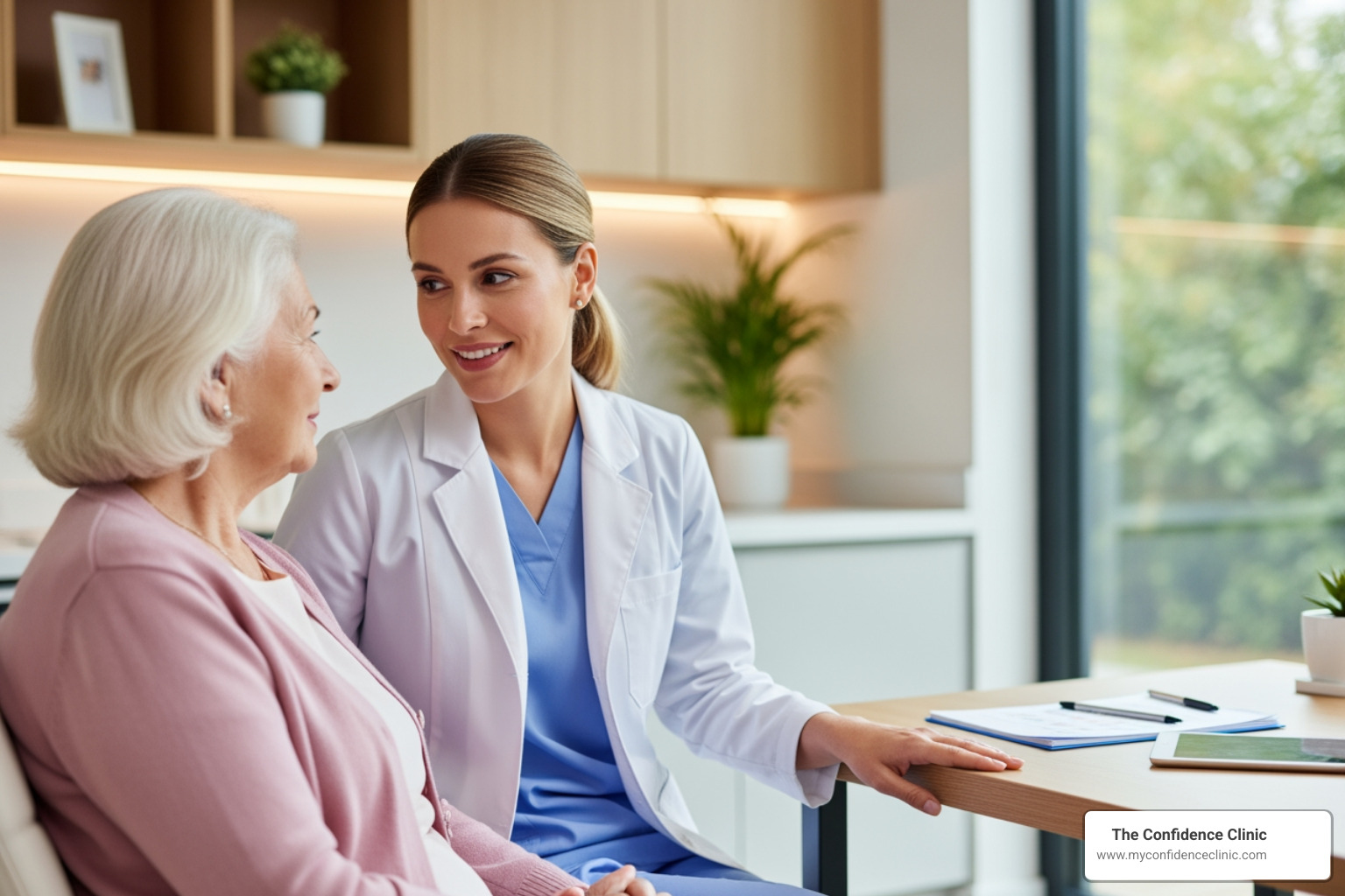 Image of a healthcare provider compassionately talking with a patient - signs of too much bioidentical progesterone Image of a healthcare provider compassionately talking with a patient - signs of too much bioidentical progesterone