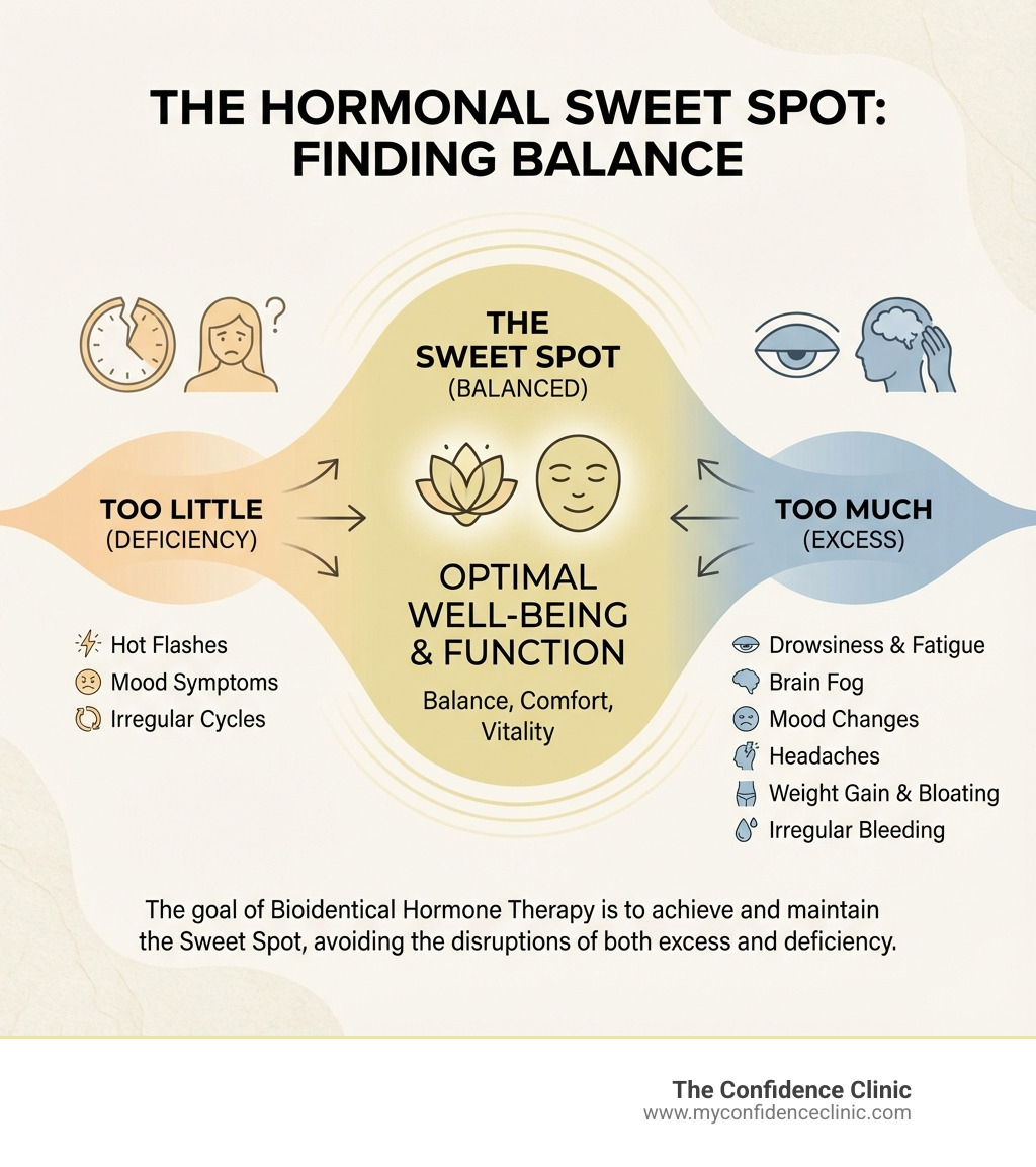 Infographic explaining the concept of a hormonal sweet spot vs. too much or too little - signs of too much bioidentical progesterone infographic Infographic explaining the concept of a hormonal sweet spot vs. too much or too little - signs of too much bioidentical progesterone infographic