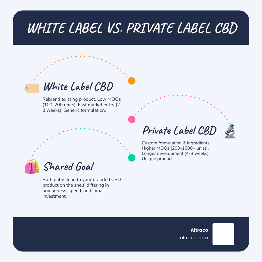 Infographic comparing white label and private label CBD: White label shows a pre-made product with your logo applied, low MOQ of 100-200 units, and fast 2-3 week turnaround. Private label shows custom formulation with unique ingredients, higher MOQ of 200-1000+ units, and 4-8 week development timeline. Both lead to your branded product on shelf. - private label CBD products infographic infographic-line-3-steps-blues-accent_colors