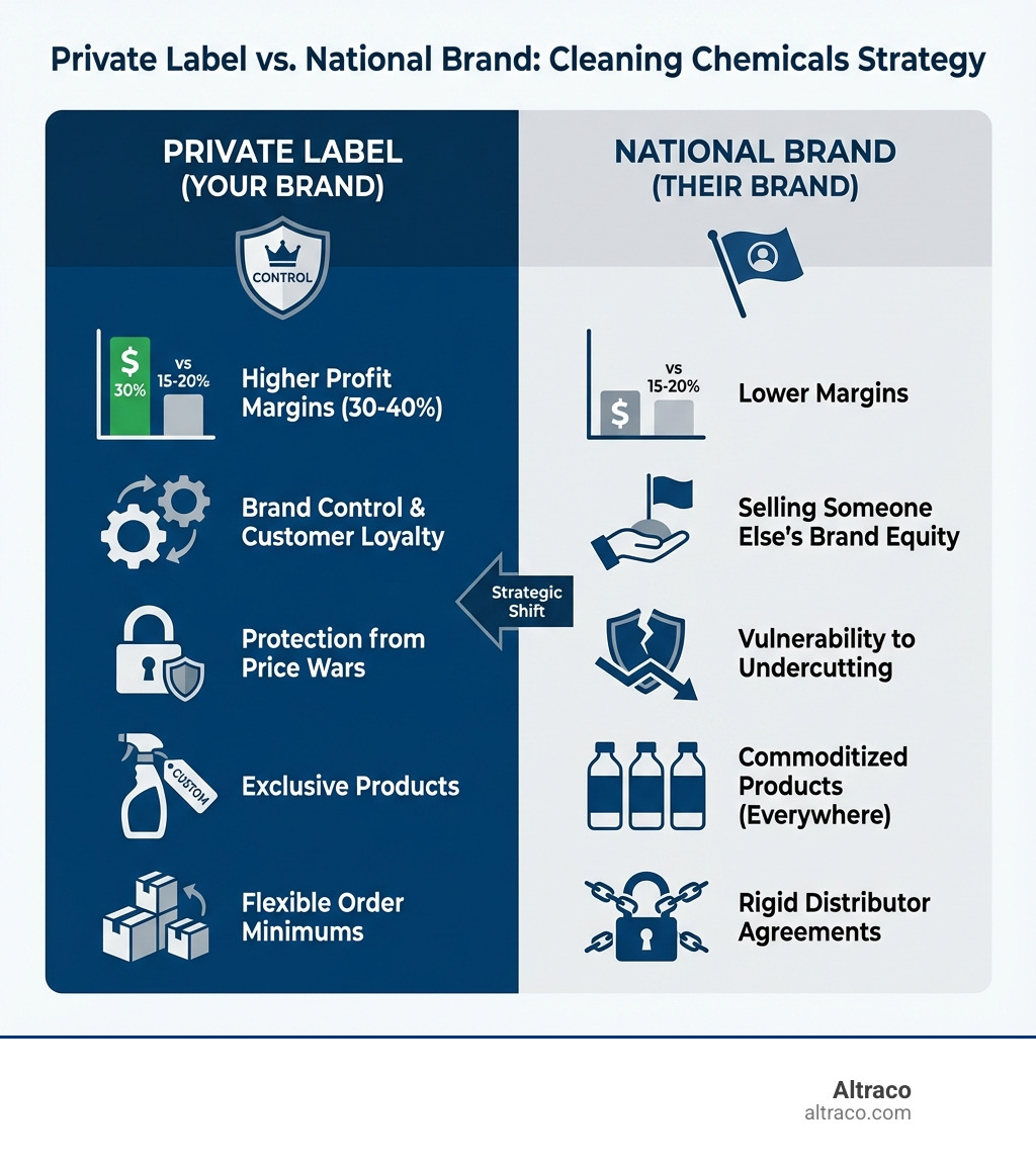 Infographic comparing private label vs. national brand selling: Private Label shows higher profit margins (30-40% vs 15-20%), brand control and customer loyalty building, protection from competitor price wars, exclusive products, and flexible order minimums. National Brands shows lower margins, selling someone else's brand equity, vulnerability to being undercut by competitors, commoditized products available everywhere, and rigid distributor agreements. - private label cleaning chemicals infographic Infographic comparing private label vs. national brand selling: Private Label shows higher profit margins (30-40% vs 15-20%), brand control and customer loyalty building, protection from competitor price wars, exclusive products, and flexible order minimums. National Brands shows lower margins, selling someone else's brand equity, vulnerability to being undercut by competitors, commoditized products available everywhere, and rigid distributor agreements. - private label cleaning chemicals infographic