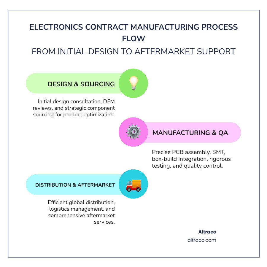 infographic showing the complete electronics contract manufacturing process flow from initial design consultation through component sourcing, PCB assembly, testing and quality control, box-build integration, to final distribution and aftermarket support - electronics contract manufacturing services infographic infographic-line-3-steps-colors
