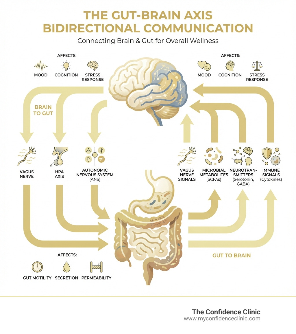Infographic showing the gut-brain axis bidirectional communication pathways: brain to gut via vagus nerve, HPA axis, and autonomic nervous system affecting gut motility, secretion, and permeability; gut to brain via vagus nerve signals, microbial metabolites (SCFAs), neurotransmitters (serotonin, GABA), and immune signals (cytokines) affecting mood, cognition, and stress response - gut brain axis infographic Infographic showing the gut-brain axis bidirectional communication pathways: brain to gut via vagus nerve, HPA axis, and autonomic nervous system affecting gut motility, secretion, and permeability; gut to brain via vagus nerve signals, microbial metabolites (SCFAs), neurotransmitters (serotonin, GABA), and immune signals (cytokines) affecting mood, cognition, and stress response - gut brain axis infographic