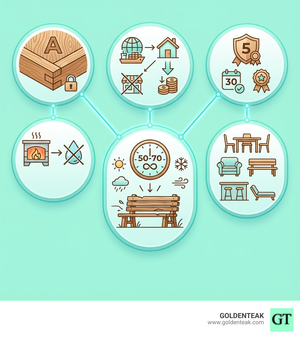 Infographic showing 5 key factors for choosing teak furniture: Quality (Grade A teak with proper kiln-drying and joinery), Value (direct importer savings), Performance (50-70 year lifespan in all weather), Selection (dining sets, deep seating, benches, bars, lounges), and Service (5-year warranty, 30-day guarantee, Best of Boston award) - why buy from goldenteak infographic 