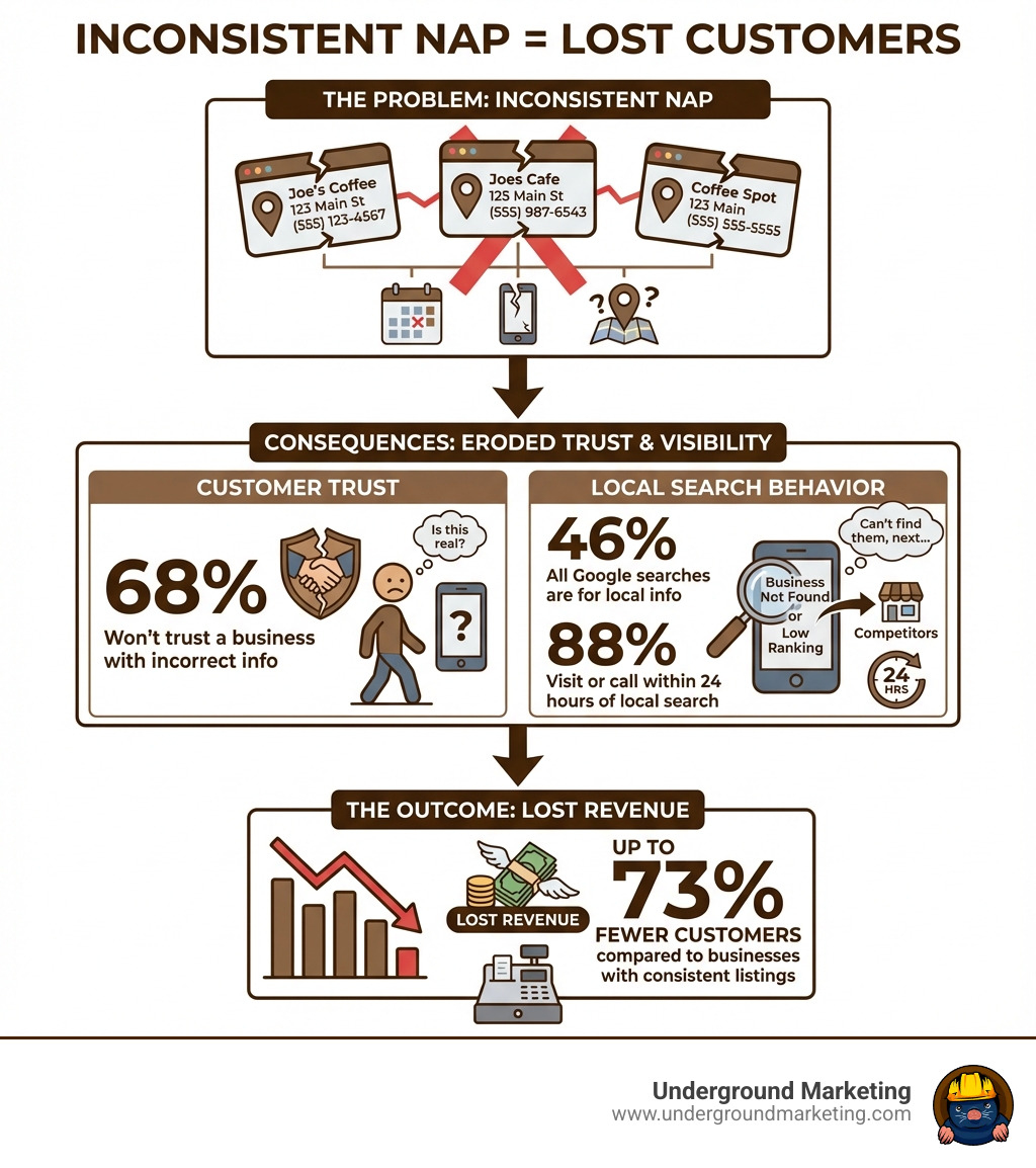 infographic showing how inconsistent NAP information leads to lost customers, with statistics on customer trust, local search behavior, and the impact on revenue - listing sync infographic 