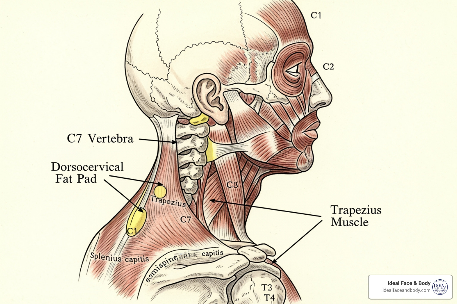 Anatomy of the neck, highlighting the dorsocervical fat pad - Neck hump removal surgery Anatomy of the neck, highlighting the dorsocervical fat pad - Neck hump removal surgery
