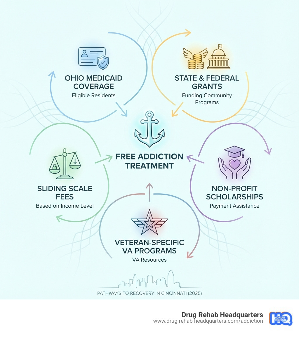 Infographic showing pathways to free addiction treatment: Medicaid coverage for eligible Ohio residents, state and federal grants funding community programs, sliding scale fees based on income level, non-profit scholarships and payment assistance, and veteran-specific VA programs - free rehab centers in cincinnati ohio infographic 